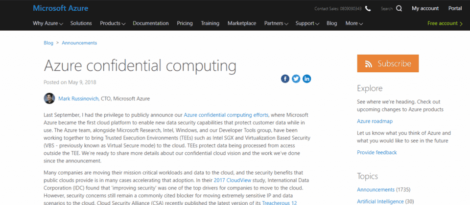 微软释出Azure机密运算服务预览版